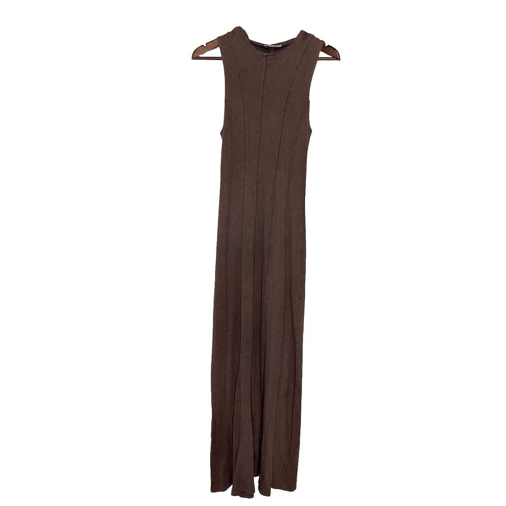 Zara Brown Mocha Dress Womens Small Sleeveless Knit Jersey Maxi High Neck